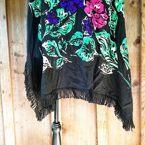 OVERSIZED TASSELED & FRINGED 40’s 40s Black Rayon Crepe Floral Piano Shawl Wrap - Picture 6 of 10